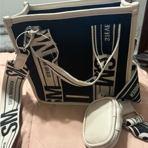 Steve Madden Black and White Logo Canvas Crossbody with Cream Trim